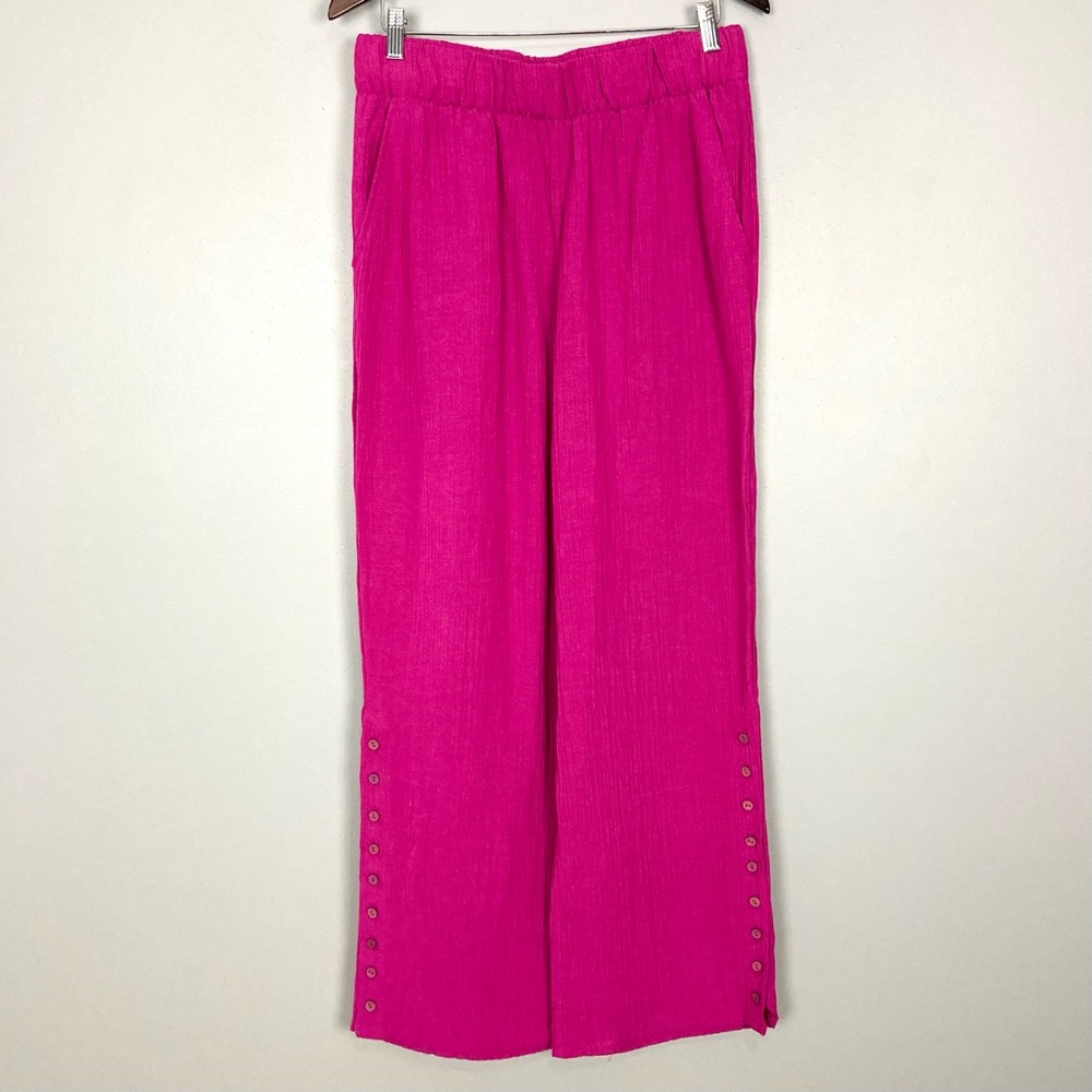 Soft Surroundings Ocea Crinkle Gauze Pants Women’s Size M Wide Leg Pockets Pink